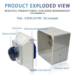 LW26-63/6M 63A 6-Pole Changeover cam Switch Electrical Multi-Position Rotary selector with Protective Cover Box housing IP65(102)